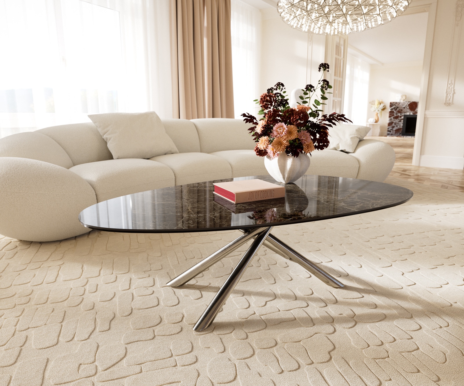 DELIFE Couchtisch Edge Oval 140x75 cm Keramik Laminam® Emperador Extra Lucidato Dunkelbraun Sarity Edelstahl gebürstet, Couchtische Image