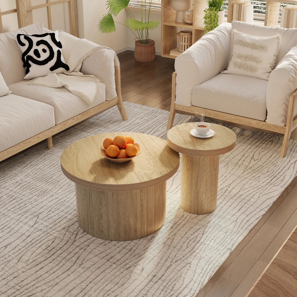 Multifunktionaler doppelter runder Couchtisch – mit Tabletts aus Naturholz, Beistelltisch für Wohnzimmer, platzsparende Wohnmöbel Image