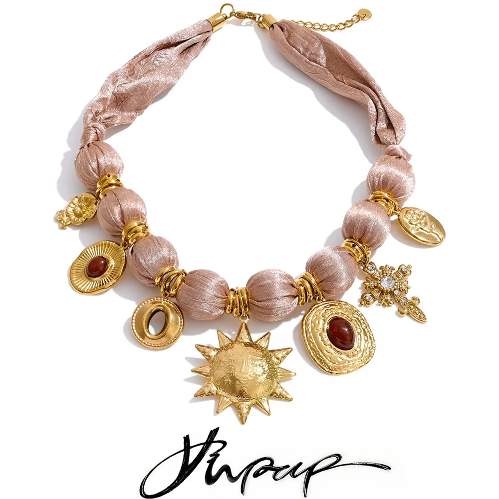 Yhpup Polyester Tuch Wickelperlen Blumenkreuz Sonnentropfen Charm Anhänger Halskette Edelstahl Handgemacht Statement Modeschmuck Image