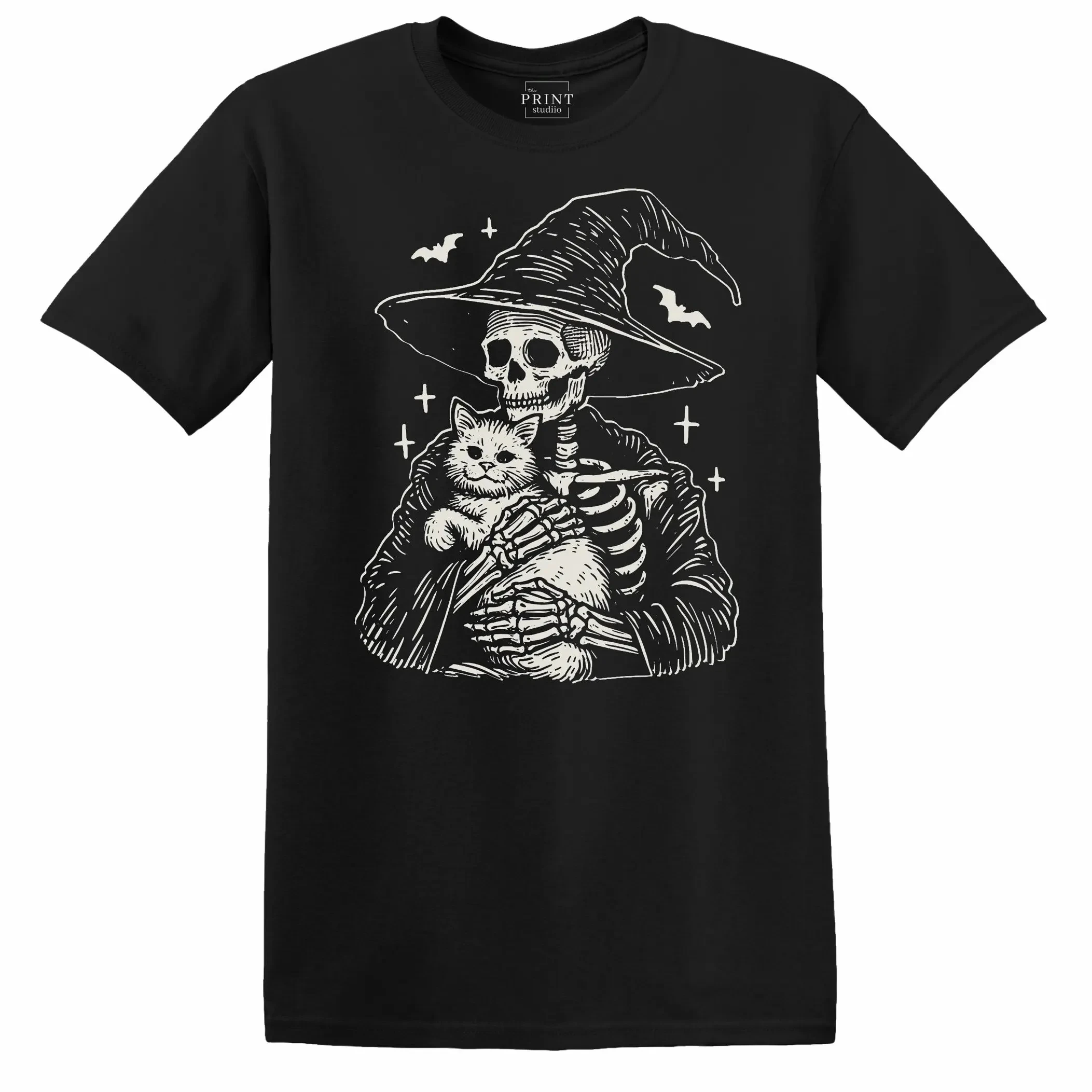 HOT SALE Skull Hugging Cat T-shirt Ghost Halloween Graphic T-shirt Scary Cute Wizard and Cat T-shirt Screaming Skull T-shirt