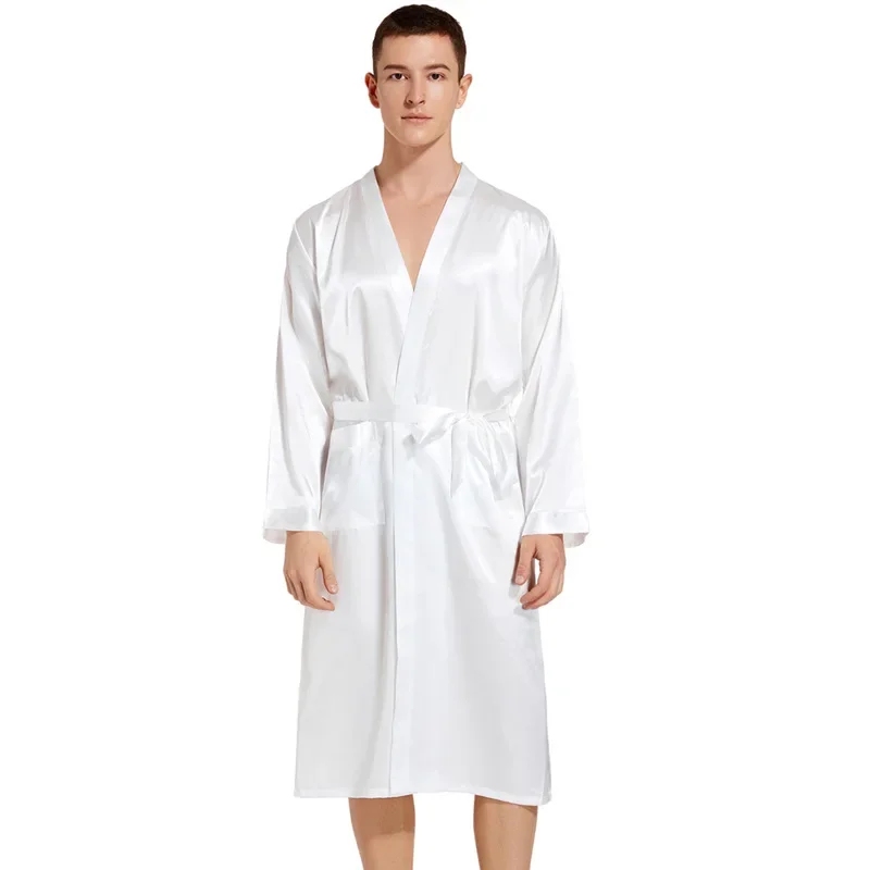 Weiße Robe Pijamas Para Hombre Langarm Kimono Bademantel Kleid Hochzeit Bräutigam Roben Satin Peignoir Homme De Bain Homewear Image