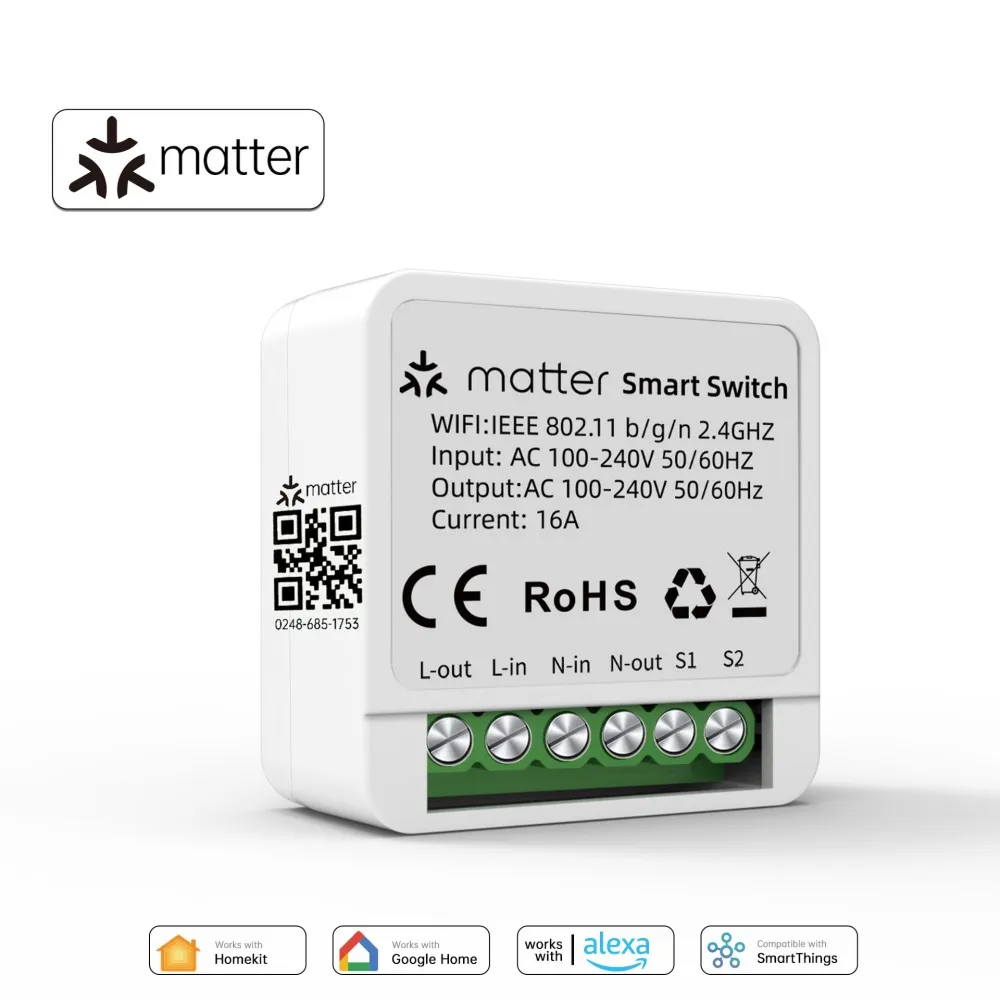 Matter WiFi Smart Switch 16A Smart Home Lichtschalter Relaismodul Sprachsteuerung Funktioniert mit Alexa Google Homekit Smartthings Tuya Image