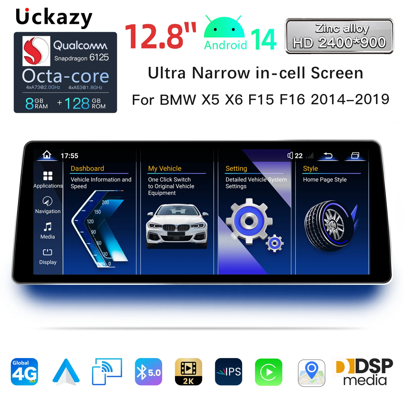 Uckazy 12,8" 2400*900 Android 14 Snapdragon 665 Android System Drahtlose Carplay AUTO Für BMW X5 F15 X6 F16 NBT EVO Auto Video Player GPS NAVI Bluetooth Image