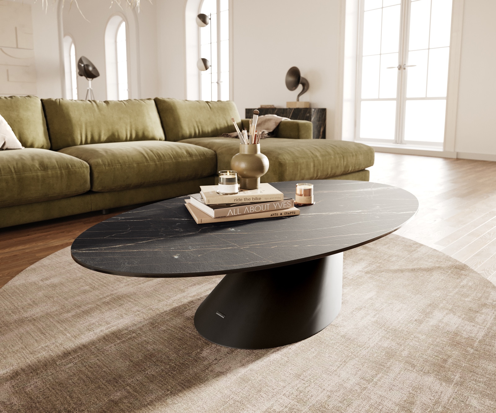 DELIFE Couchtisch Edge Oval 140x80 cm Keramik Laminam® Noir Desir Braun Conis Metall Schwarz, Couchtische Image