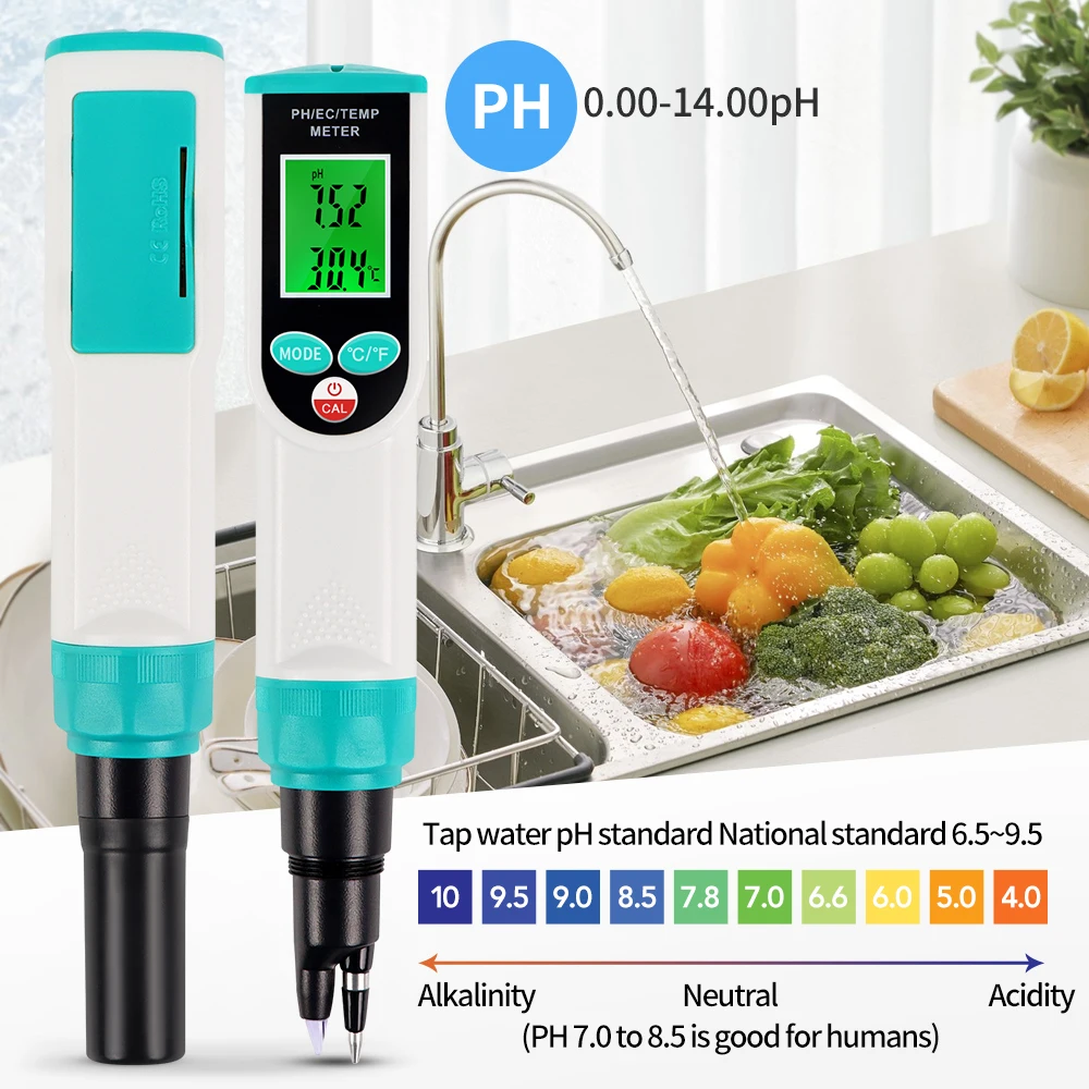 Tragbarer pH-Tester für Bodenlebensmittel, Multifunktions-PH-EC-Temperaturmessgerät, LCD-Digital-PH-Messgerät, EC-Detektor für Fleisch, Käse, Teig, Wasser Image