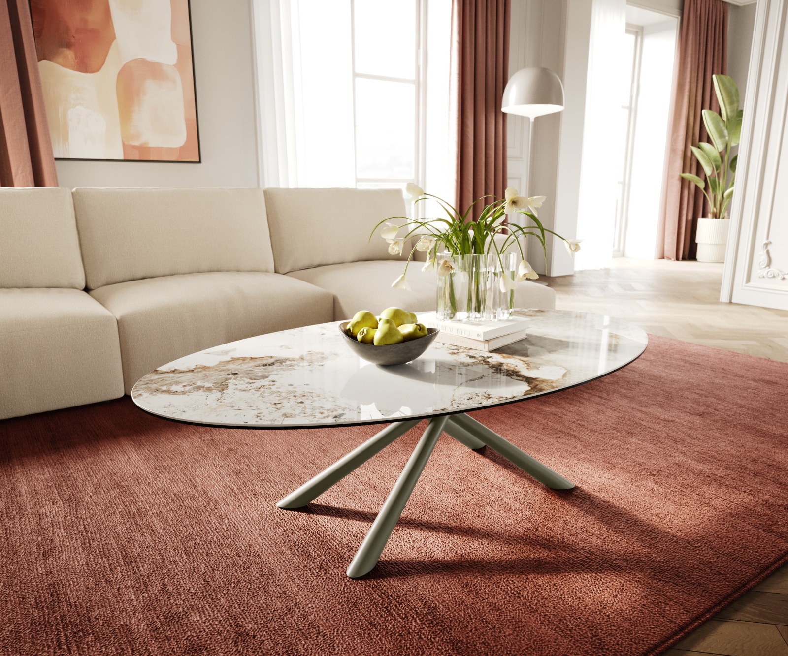 DELIFE Couchtisch Edge Oval 140x80 cm Keramik Minas Melange Sarity Metall Effektfinish Titan, Couchtische Image