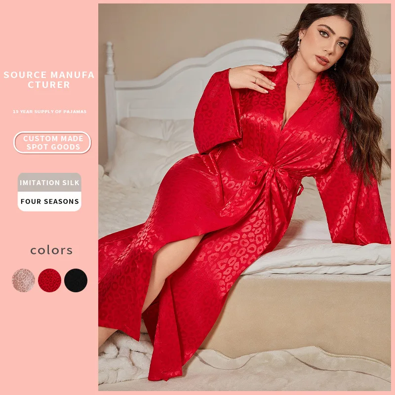 Sexy Simulationsseide, langes Nachthemd, lässig, dünn, Eisseide, bedruckt, Homewear-Pyjama, einfache Strickjacke, Schnür-Bademantel für Damen Image