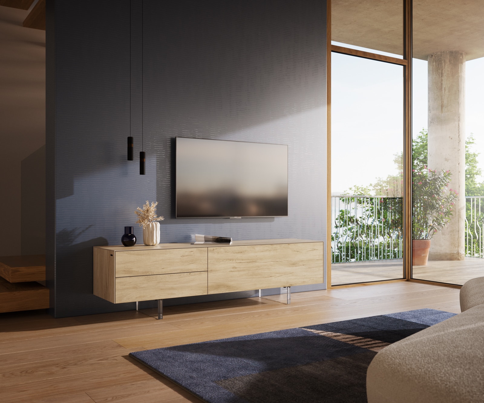 DELIFE Lowboard Cuor 180 cm Keramik Laminam® Sabbia Eichefarbig 1 Klappe 2 Schubfächer Fuß Schwebeoptik Acrylglas, Lowboards Image