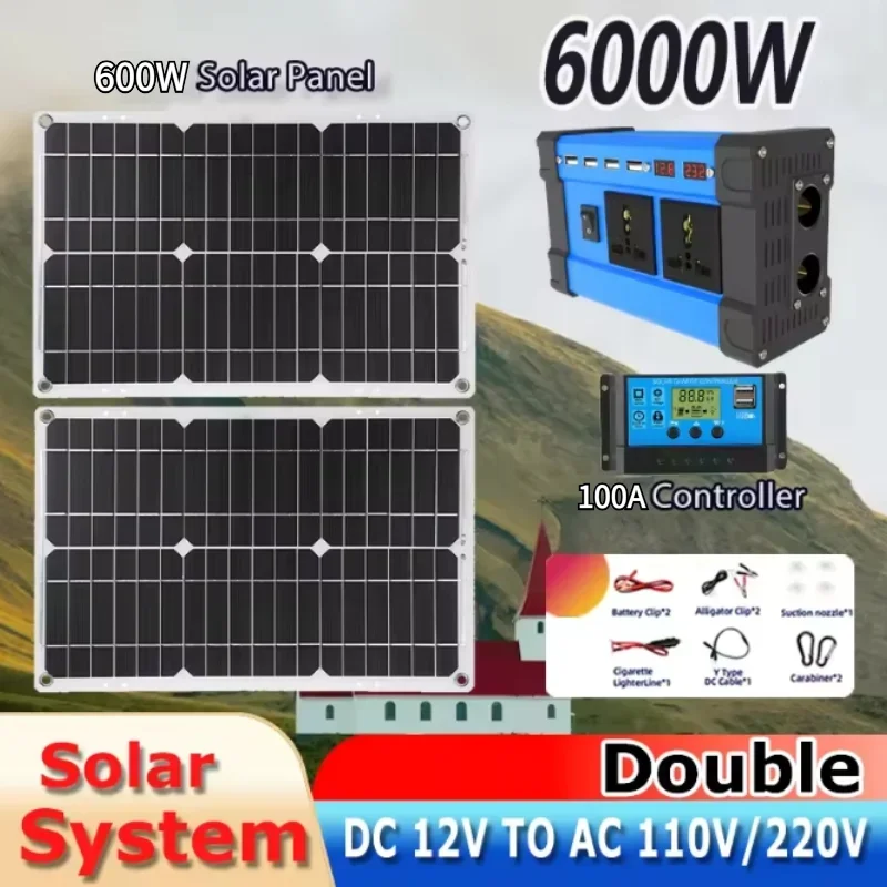 6000 W Solarstrom-Komplettset, 12 V bis 220 V Wechselrichter, 100 A-Controller, 600 W Panel-System für Zuhause/Wohnmobil/Camping, Vollhaus-Generator Image