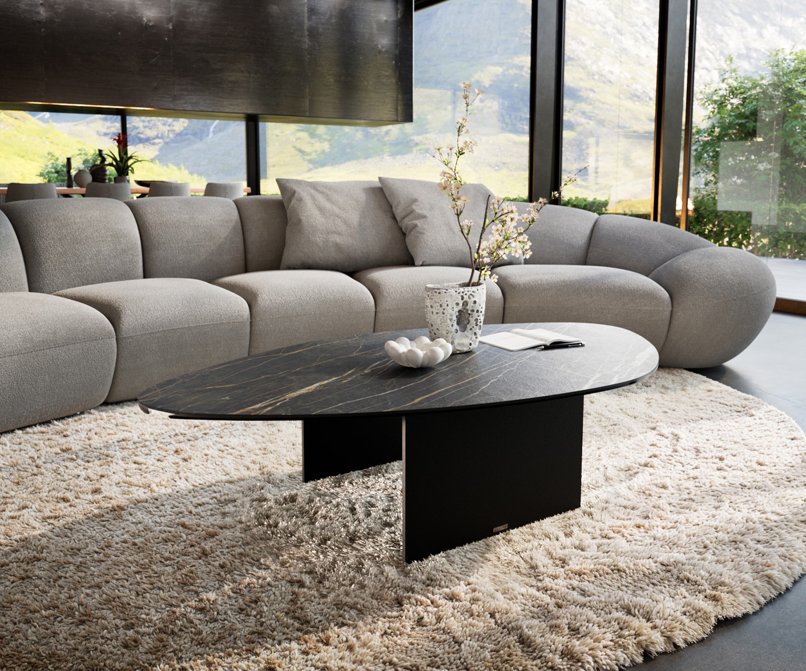 DELIFE Couchtisch Edge Organisch 140x76 cm Keramik Laminam® Noir Desir Braun Salto Metall Schwarz, Couchtische Image