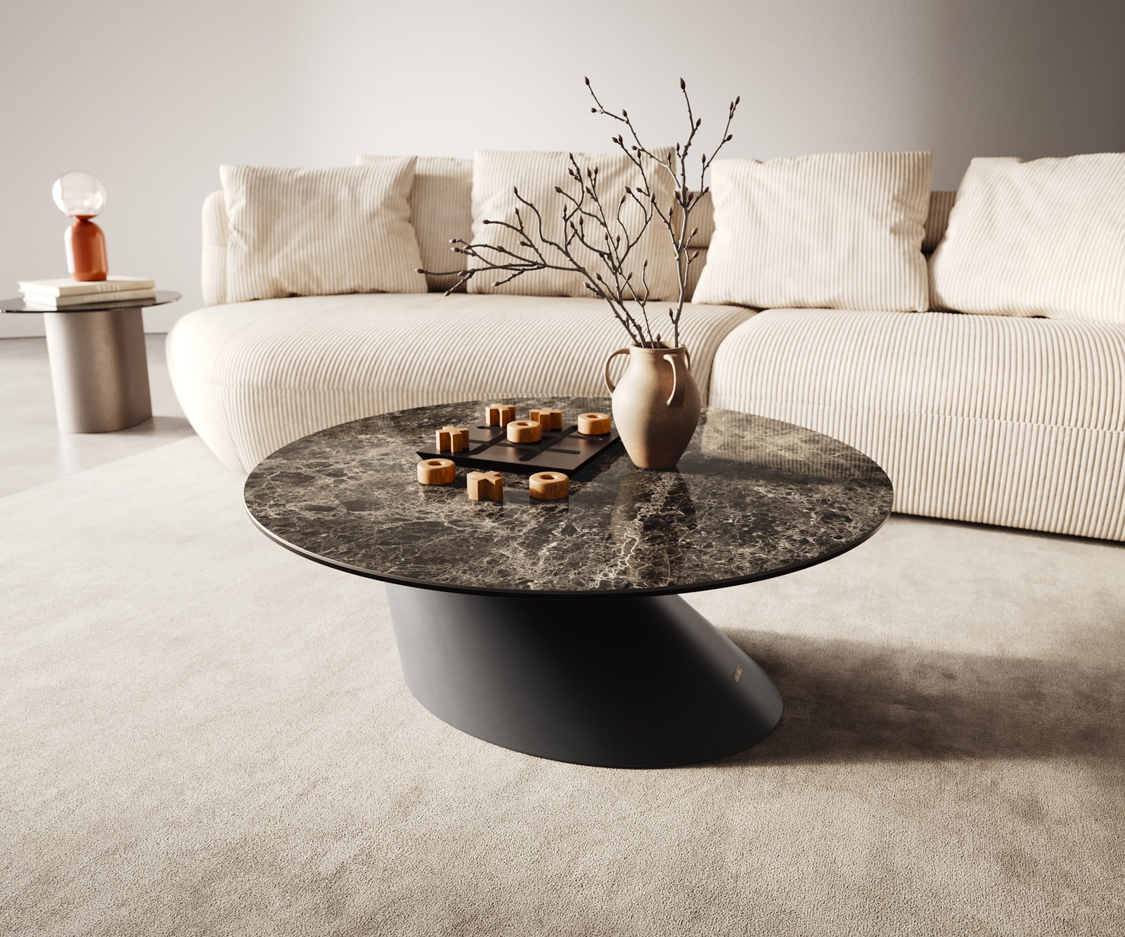 DELIFE Couchtisch Edge Rund 90x90 cm Keramik Laminam® Emperador Extra Lucidato Dunkelbraun Conis Metall Schwarz, Couchtische Image