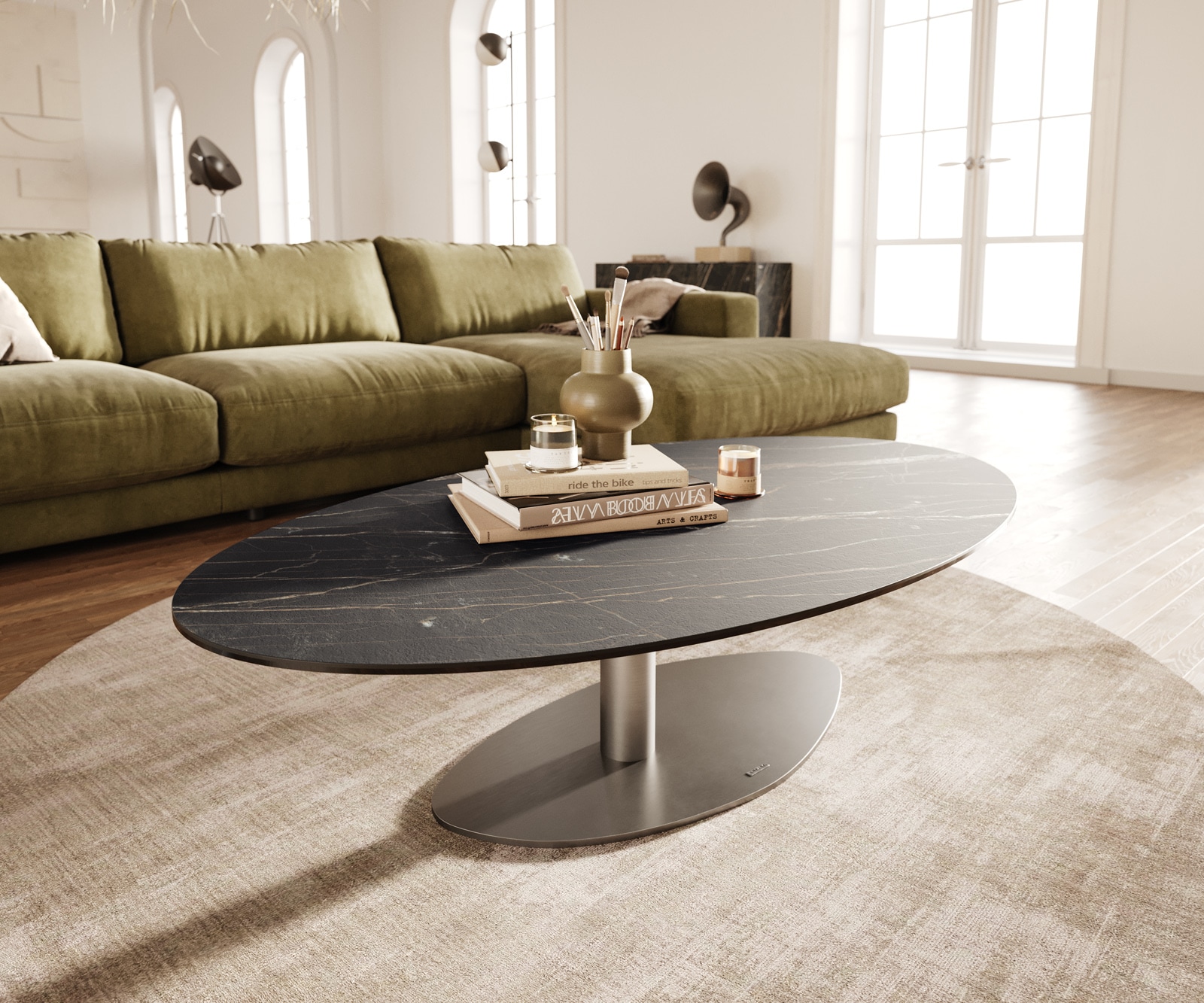 DELIFE Couchtisch Edge Oval 140x80 cm Keramik Laminam® Noir Desir Braun Vibany Edelstahl gebürstet, Couchtische Image