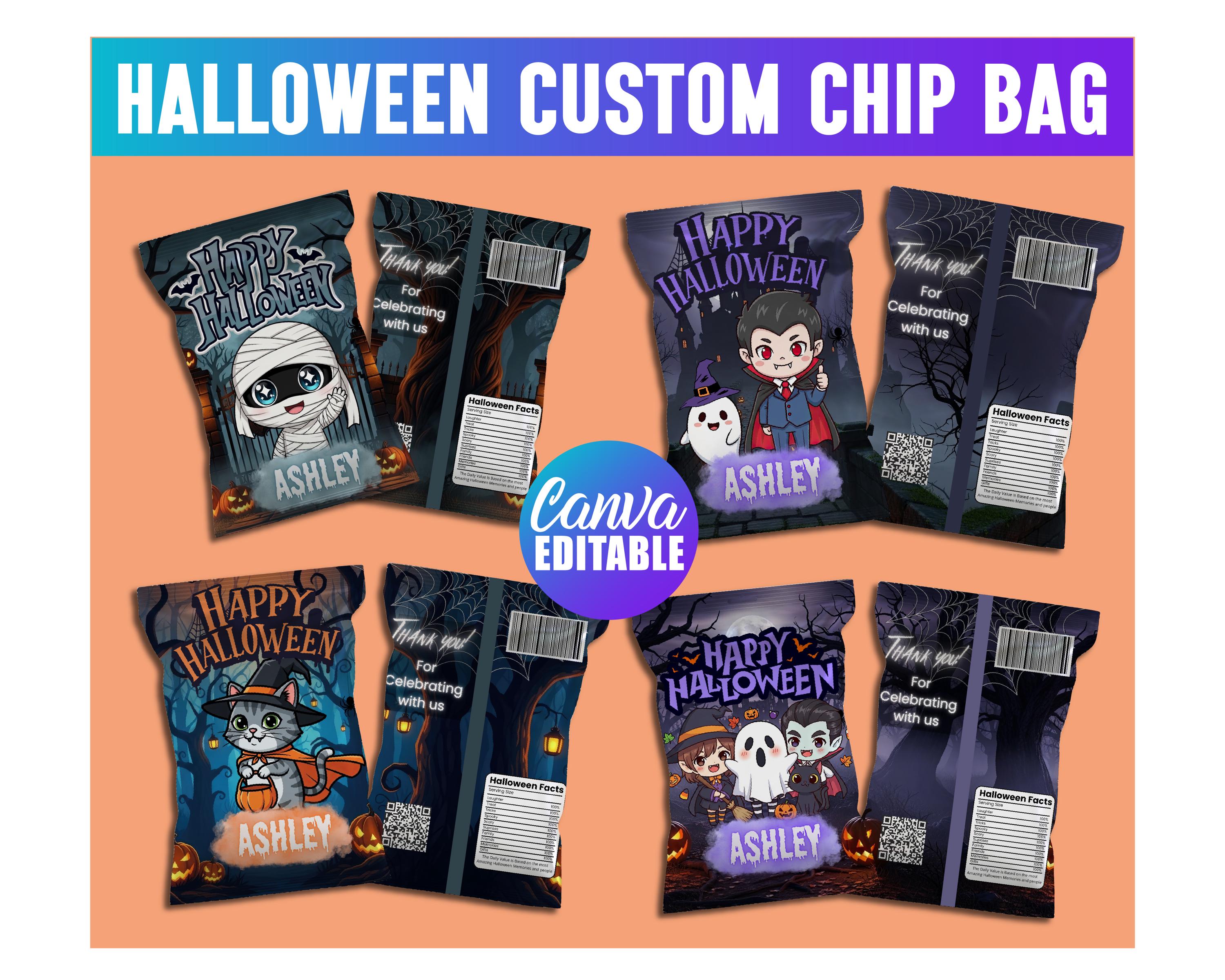 4 modelli di bomboniere per feste di Halloween, patatine di Halloween personalizzate, bomboniere per feste di Halloween, modello Canva per etichette d