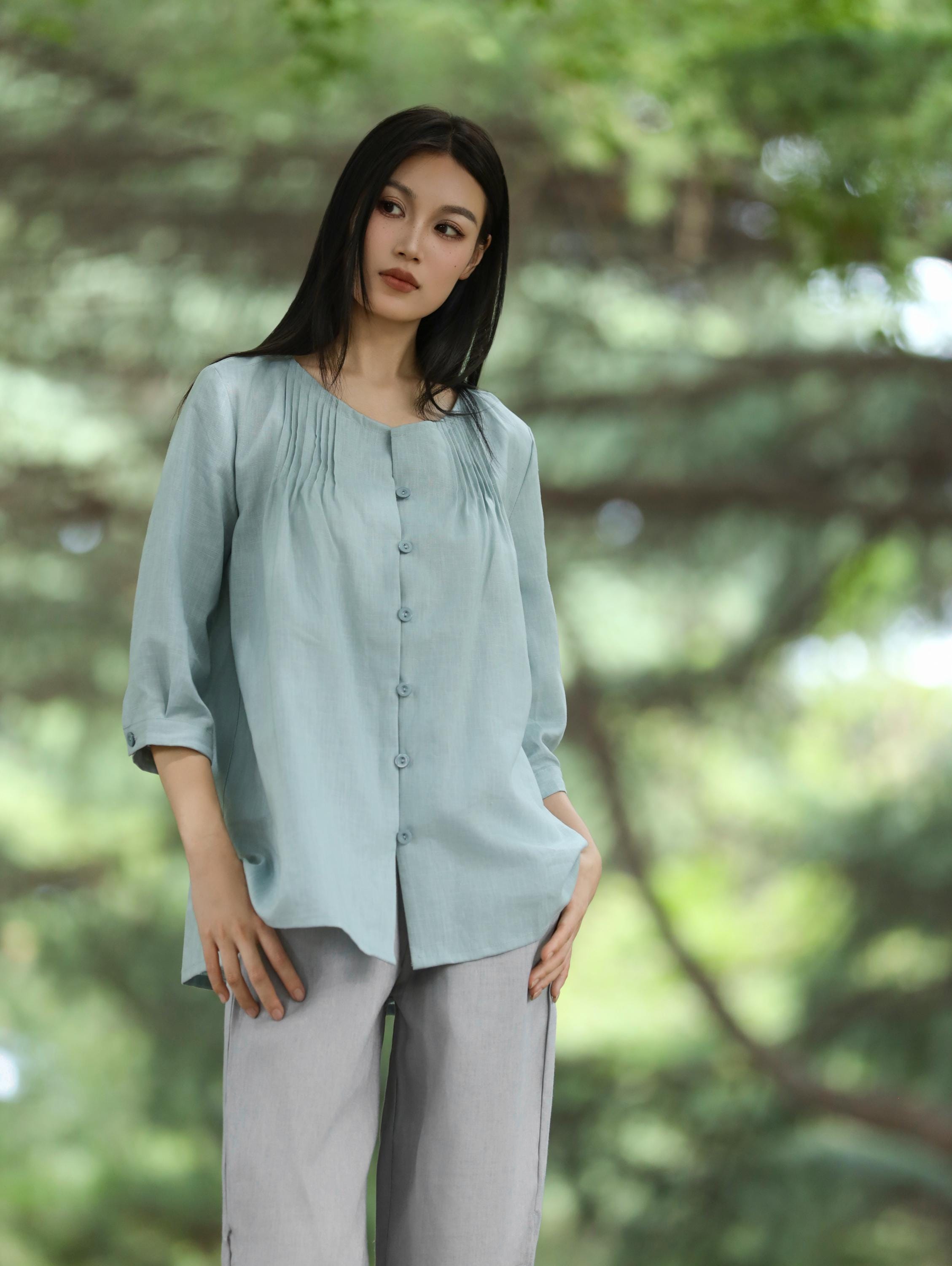 Camicetta in lino con scollo tondo e maniche a 3/4, camicia romantica arricciata, kimono casual ampio, camicetta in lino con bottoni, camicia personal