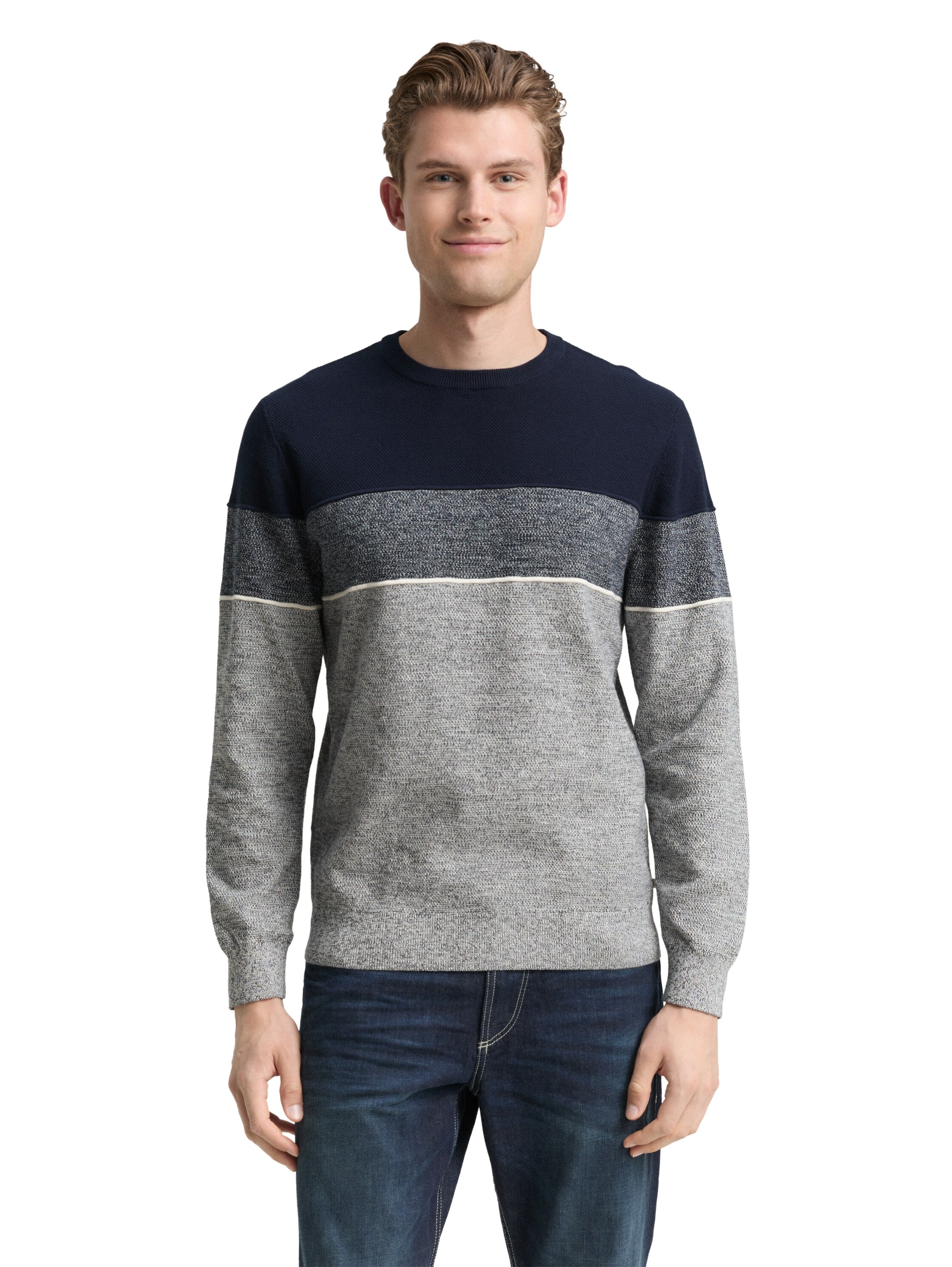 Rundhalspullover TOM TAILOR, Herren, Gr. L, navy sanftes weiß weiß stripe, Strick, Obermaterial: 100% Baumwolle, colorblocking, regular fit normal, Rundhals, Rippbündchen, Pullover Rundhalspullover, mit Colorblock