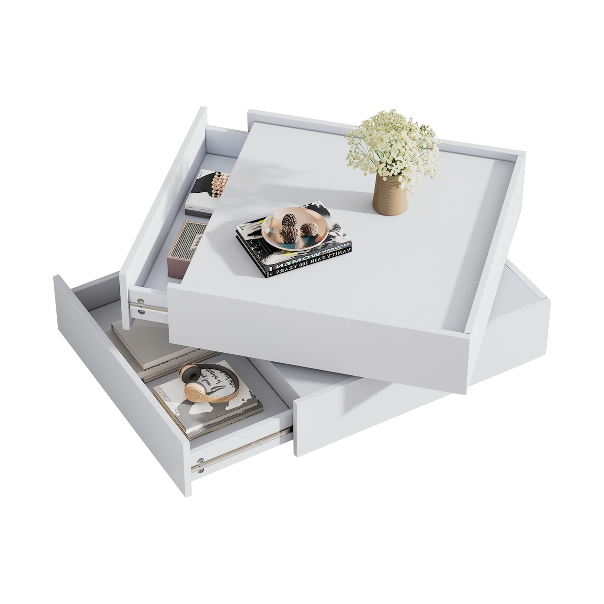 OKWISH 360° drehbarer Couchtisch mit Schubladen, Stauraum, multifunktional, modernes Design, hochglänzend, kompakt, Weiß, 60x60cm Image