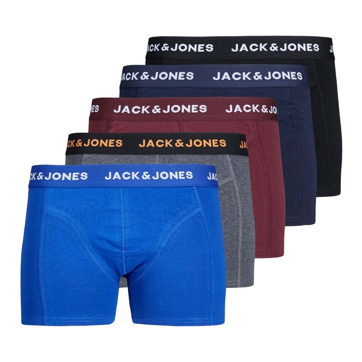 Herren Boxershorts 5er-Pack Jacblack der Marke Jack & Jones. Marke: Jack & JonesModellname: 5-Pack JacblackKategorie: Herren BoxershortsMaterialien: Baumwolle, ElasthanFarbe: blau, grau, schwarz, bordeaux