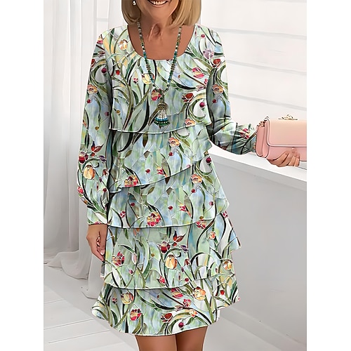 Damen Knielanges Kleid Freizeitkleid Chiffonkleid Shiftkleid Kleid mit vielen Schichten Elegant Urlaub Party Normale Passform Blumen Langarm Rundhalsausschnitt Schwarz Weiß Blau Grün Sommer Frühling Image