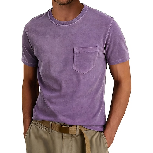 Herren T Shirt Hemd aus 100 % Baumwolle in Säurewaschung Kurzarm Rundhalsausschnitt Sommer Frühling Ganzjahres Einfarbig Elegant Vintage Neutral Tasche Rundhalsausschnitt Lässig Heim Outdoor Hellblau Image