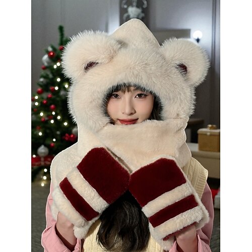 Weihnachtsschal- und Handschuhset für Damen, Kapuzendesign mit Weihnachtsmann- und Baumstickereien, warmes Winteraccessoire für die Feiertage Image