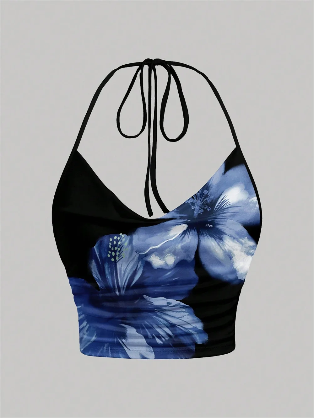Tie-Dye Floral Print Drape V-Ausschnitt Neckholder Top für Frauen Sommer Y2K Kleidung Sexy rückenfreies Crop Top Streetwear Image