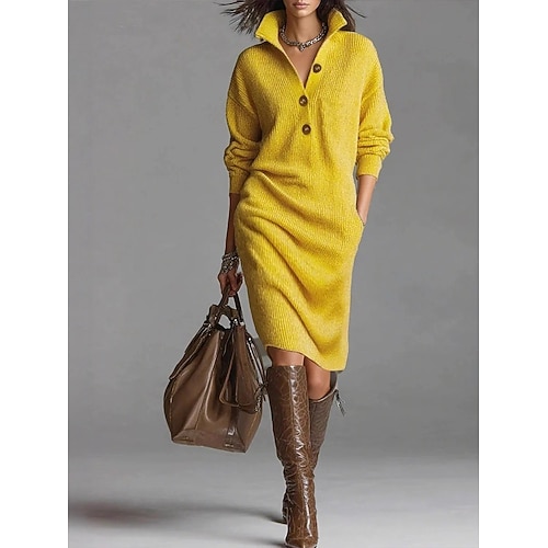 Damen Midikleid Pulloverkleid Etui-Kleid Shiftkleid Party Formell Halbformelle Kleider Lässig Heim Outdoor Lässiger Schnitt Einfach Langarm Revers Schwarz Gelb Rote Braun Frühling Herbst Winter Image