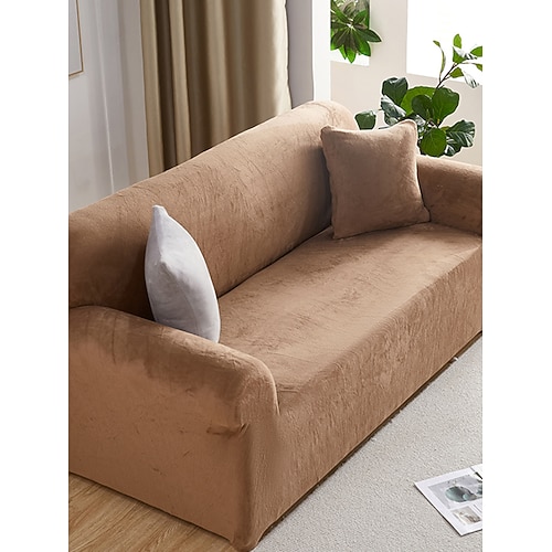 1 Stück winterwarmer, plüschiger, einfarbiger, elastischer Sofabezug – moderner, minimalistischer, rutschfester, universeller Sofaschutz, geeignet für L-förmige Sofas und 1/2/3/4-Sitzer-Sofas Image