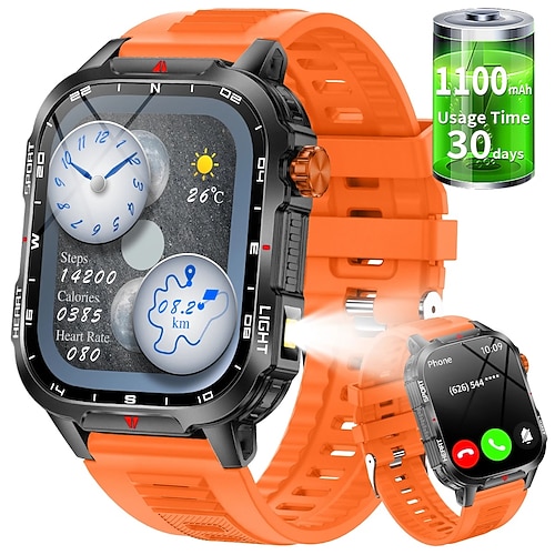 Neue globale Smartwatch 2,01 Zoll 1100 mAh große Batterie LED-Licht Kompass Herren Outdoor-Sportuhr Sprachassistent drahtloser Anruf Image