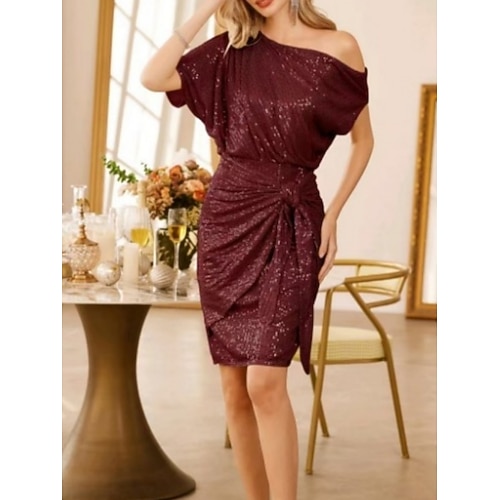 Damen Minikleid Etui-Kleid Elegant Party Cocktail Outdoor Party Hochzeit Pailletten Schlank Einfarbig Kurzarm Ein-Schulter Schwarz Rosa Wein Image
