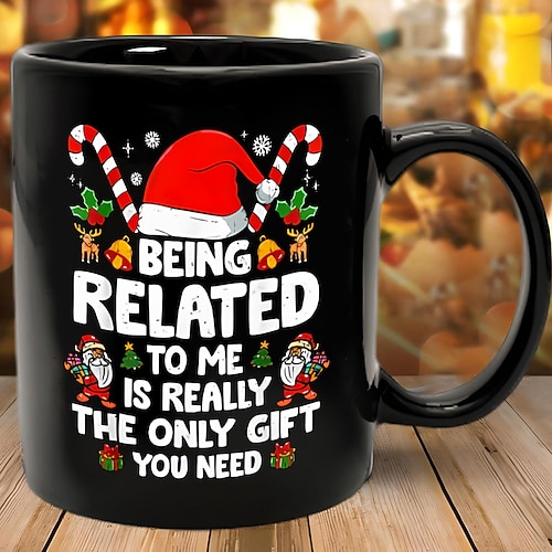 Weihnachtsbecher mit lustigem Geschenk, schwarz, Weihnachtskaffeetasse, 330 ml/12 oz, Keramiktasse, Retro-Vintage-Design Image