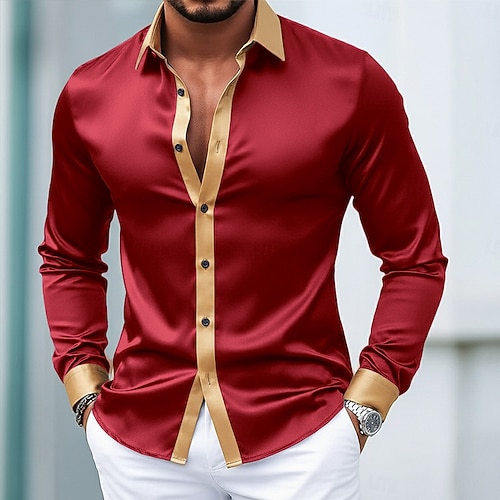 Herren Hemd Satinhemd Kleidhemd Freizeithemd Knopfhemd Abschlussballhemd Farbblock Formell Hochzeit Schwarz Weiß Wein Marineblau Langarm Revers Frühling Herbst Ganzjahres Bekleidung Image