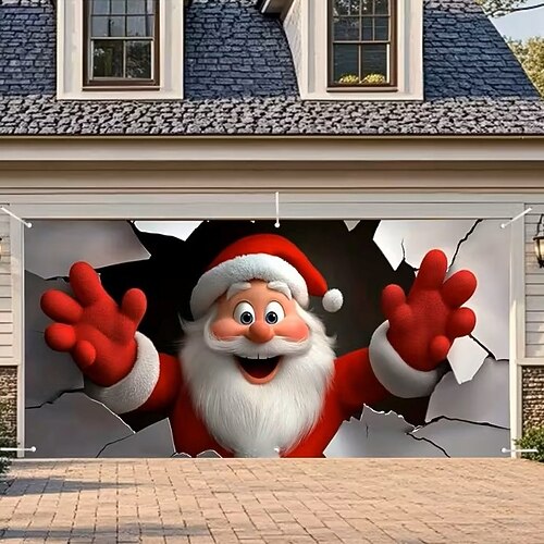 Weihnachts-Garagentorabdeckung, Weihnachtsmann, der durch die Wand bricht, große hängende Kulisse für den Außenbereich, Urlaubswandbanner, Hof, Zuhause, festliche 3D-Partydekoration, saisonale Image