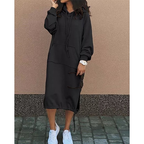 Damen Langes Kleid Maxikleid Kapuzenkleid Freizeitkleid Winterkleid Elegant Mode Modern Täglich Outdoor Winterkleid Lässiger Schnitt Einfach Langarm Mit Kapuze Schwarz Rosa Wein Grün Herbst Winter Image