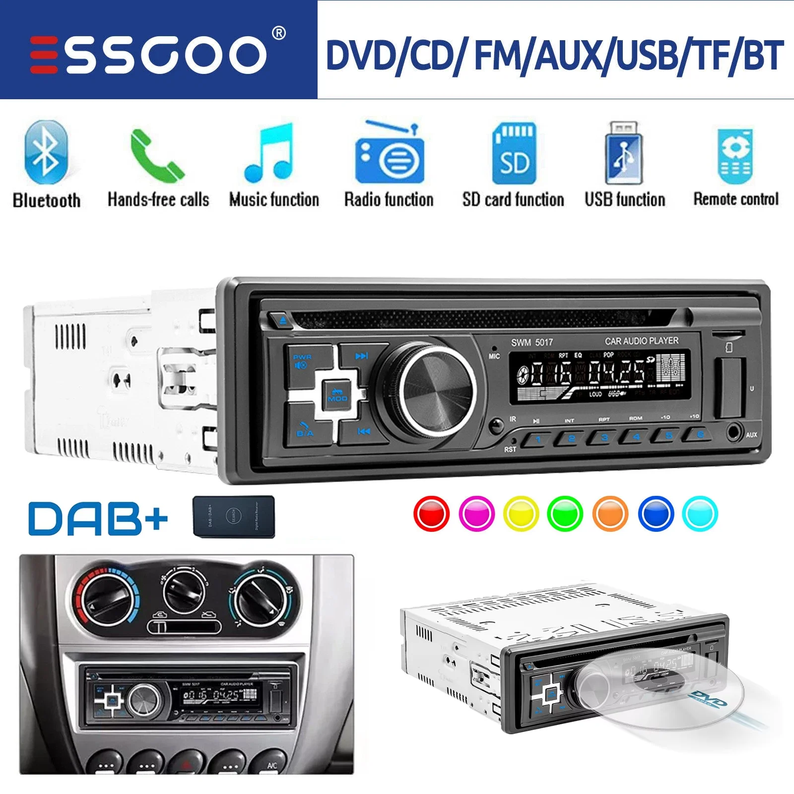 ESSGOO Autoradio Universal CD DVD Player MP3 USB Bluetooth 4.0 Freisprecheinrichtung SD TF Aux-In FM Single 1DIN mit DAB+ In-Dash FM Radio Image