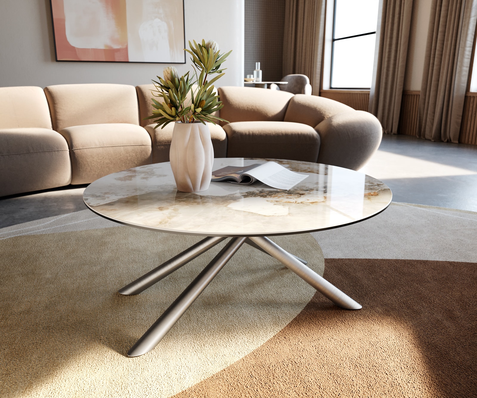 DELIFE Couchtisch Edge Rund 90x90 cm Keramik Minas Melange Sarity Edelstahl gebürstet, Couchtische Image