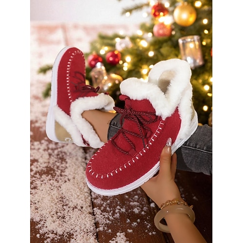 Damen Stiefel Schneestiefel Schnürstiefel Winterstiefel Weihnachten Täglich Mit Fleece Futter Stiefeletten Flacher Absatz Runde Zehe Lässig Kunstpelz Stoff Loafer Schwarz Rosa Rot Image