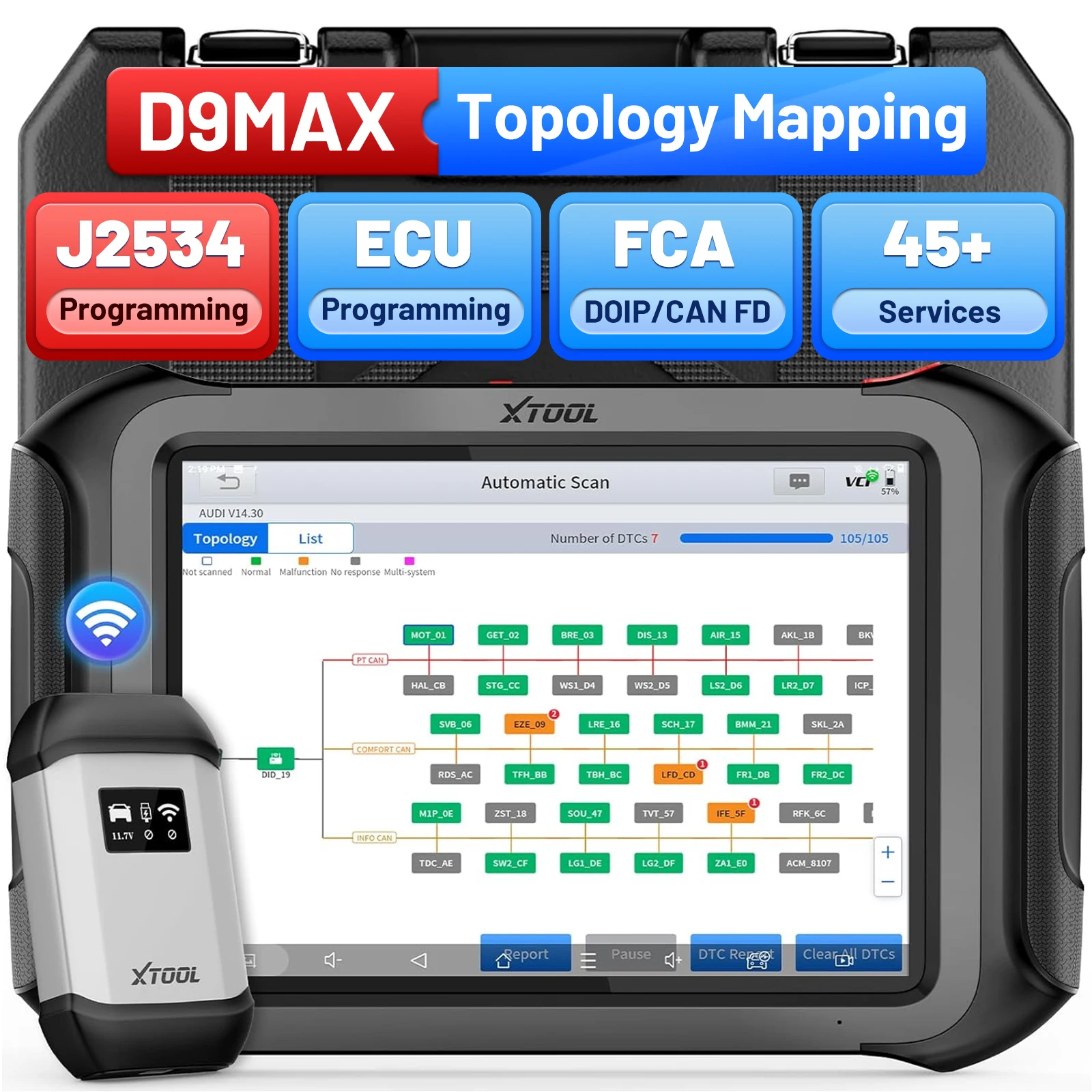 XTOOL D9 MAX Autodiagnosetool J2534 Programmierung ECU Programmierer 45 Dienste CANFD FCA DOIP Intelligente Topologie-Diagnosescan Image