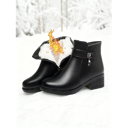 Schwarze Damenstiefeletten aus Leder mit Wollfutter – Reißverschluss, warme und bequeme Winterstiefel für Freizeit und Outdoor Image
