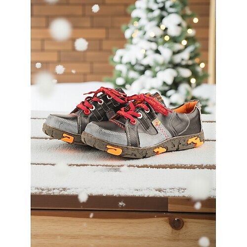 Damen Loafer Handgefertigte Schuhe Vintage-Schuhe Weihnachten Täglich Muttertag Kontrastfarbe Stiefeletten Flacher Absatz Runde Zehe Lässig Komfort Leder Schnürung Schwarz Weiß Grün Image