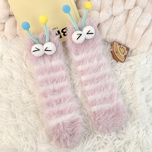 Einzigartige und lustige hässliche Socken, flauschige Monstersocken für Damen, weiche, plüschige Wintersocken mit Alien-Design, 3D-Augen und Lächeln, gemütliche, neuartige, pelzige Hausschuhsocken für Image