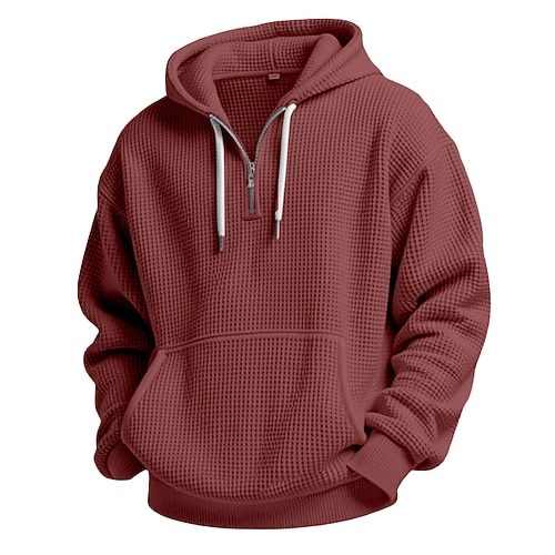 Herren Kapuzensweatshirt Waffle Kapuzensweatshirt Viertelreißverschluss Kapuzensweatshirt Rote Dunkelgray Leicht Blau Mit Kapuze Einfach Kängurutasche Strukturiert Lässig Täglich Sport Outdoor Image