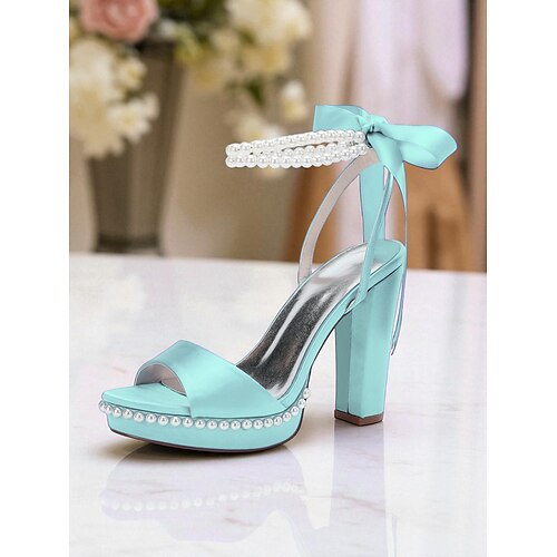 Damen-Plateau-Pumps aus rosa Satin mit Perlen-Fesselriemchen und Schleife – elegante High-Heel-Sandalen für Cocktailpartys und formelle Anlässe Image
