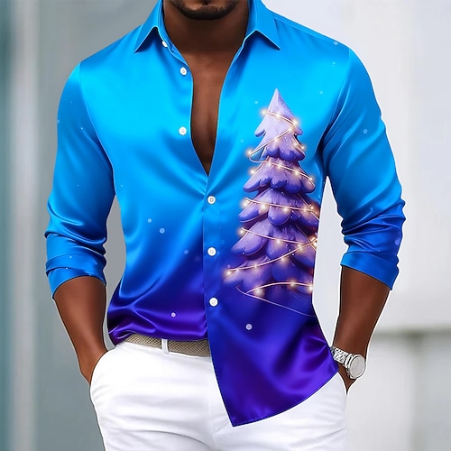 Weihnachten Herren Weihnachtsbaum Farbverlauf Hemd Satinhemd Kleidhemd Langarm Modisch lässig Outdoor Party Ferien Frühling Herbst Umlegekragen 3D-Druck Hemden mit Knopfleiste Rosa Blau Grün Image