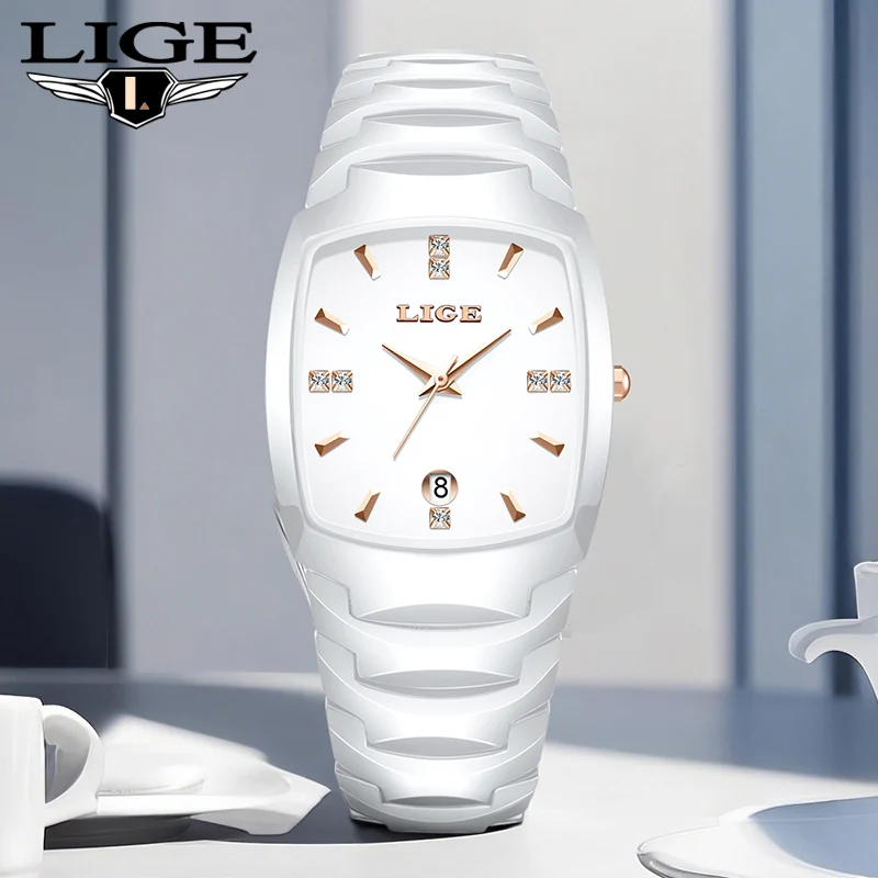 LIGE Top Marke Keramik frauen Uhr Elegante Luxus Quarz Armbanduhren 30M Wasserdicht Datum Vintage Uhren Damen Reloj mujer Image