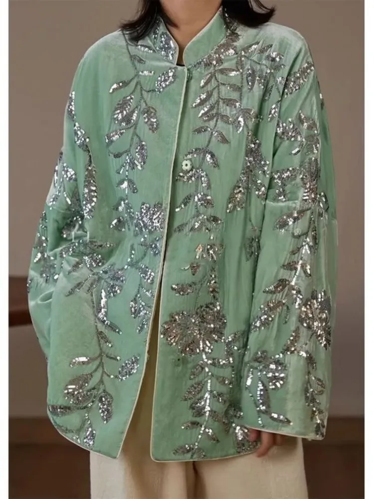 Luxus Designer Frauen Kleidung Pailletten Stickerei Grün Samt Mantel Herbst Winter Jacke Warme Oberbekleidung Vintage Langarm Top
