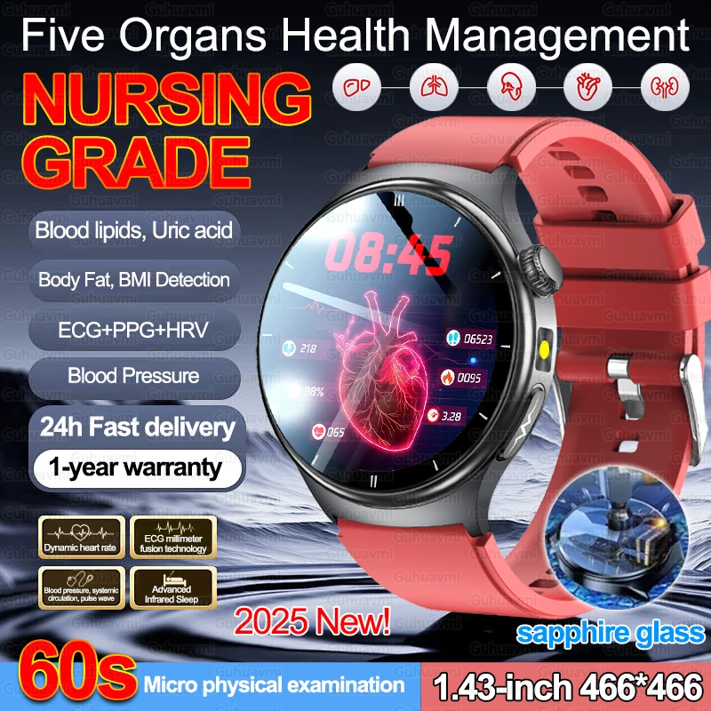 2026 neue Fünf Orgel Prüfung Smart Uhr Männer EKG + PPG Harnsäure Blut Fett Bluetooth Anruf Taschenlampe Sport Gesundheit smartwatches Image
