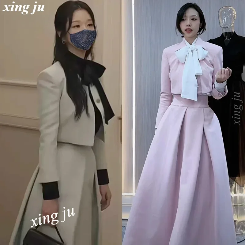 Koreanische Sänger Jazz Dance Kostüme Rosa Lange Ärmeln Kleinen Anzug Kurze Jacke A-linie Langen Rock Frauen Party Bühne Elegante outfits