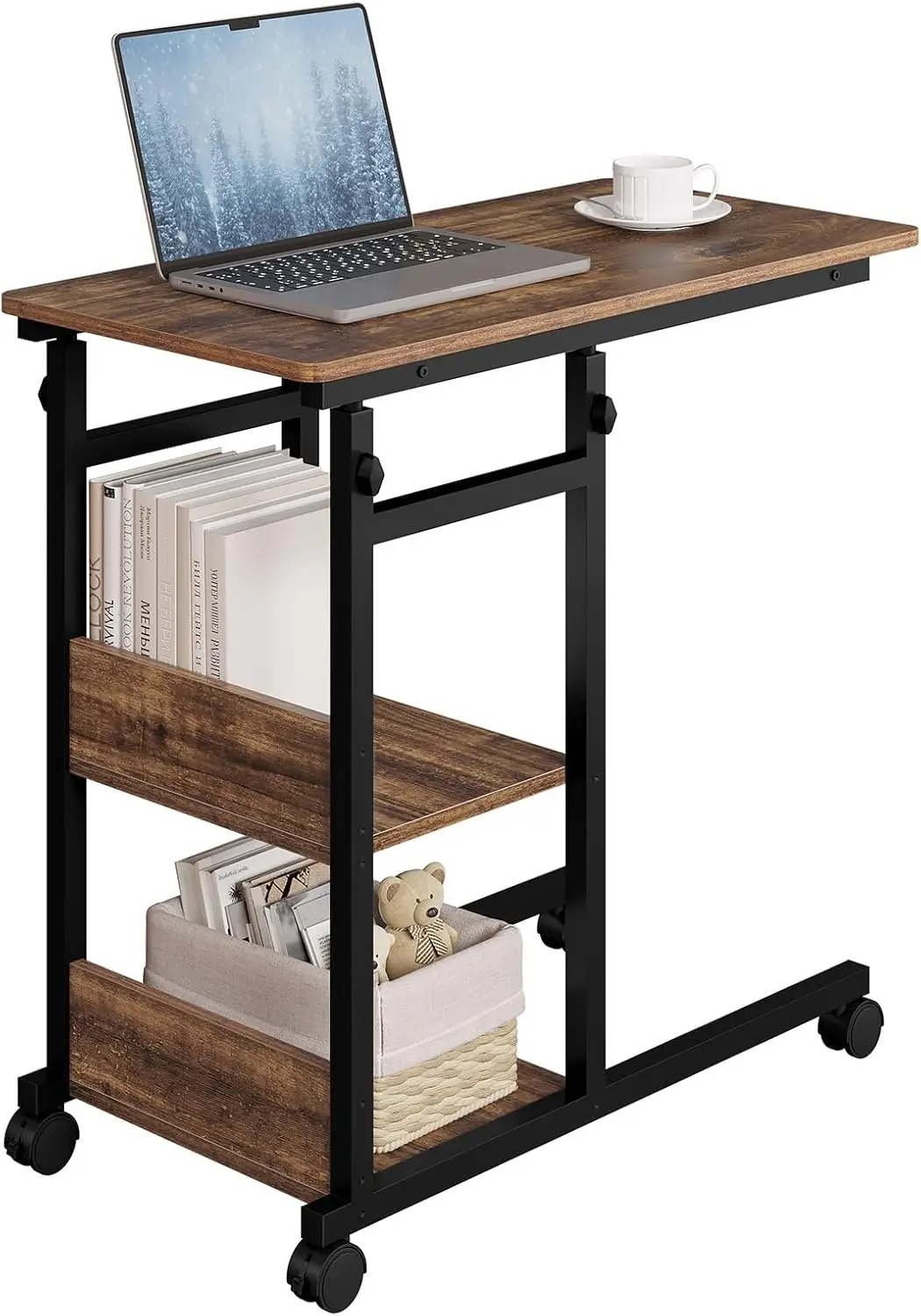 Beistelltisch Couchtisch Sofatisch Wohnzimmertisch Laptoptisch Betttisch, C-Shaped Height Adjustable, mit Rollen, aus Metallholz