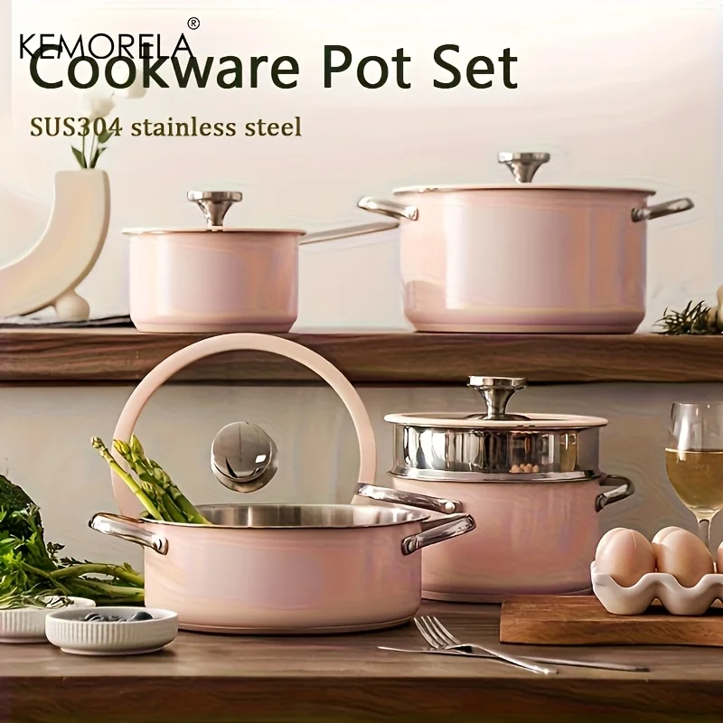 9-teiliges rosa Antihaft-Kochgeschirr-Set mit Keramikbeschichtung, Induktionssicher, Saute-Pfanne, Kompatibel mit allen Herd Image