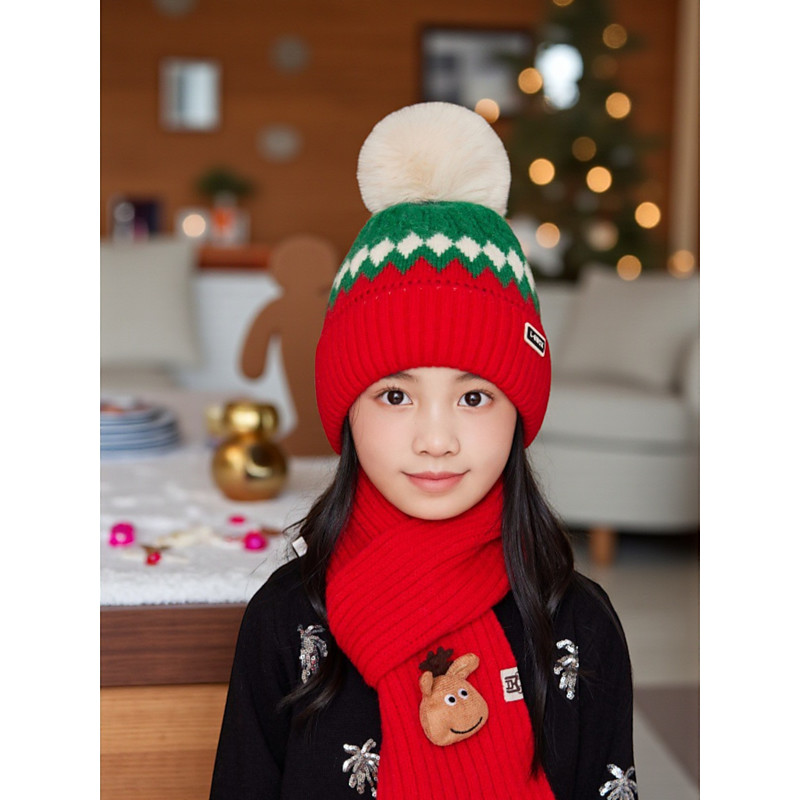 Kid's Christmas Hat and Scarf Set, Soft Knit Winter Hat with Pom Pom and Reindeer Scarf, Multiple Colors, Perfect for Holiday Gifts and Winter Celebrations